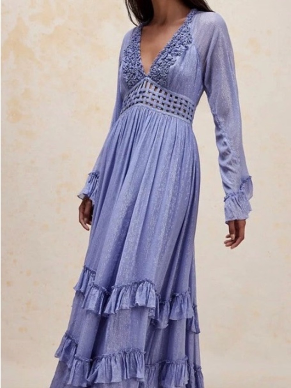 Free People Seraphina Metallic Rifle Lattice Cutout Maxi Dress L NWOT